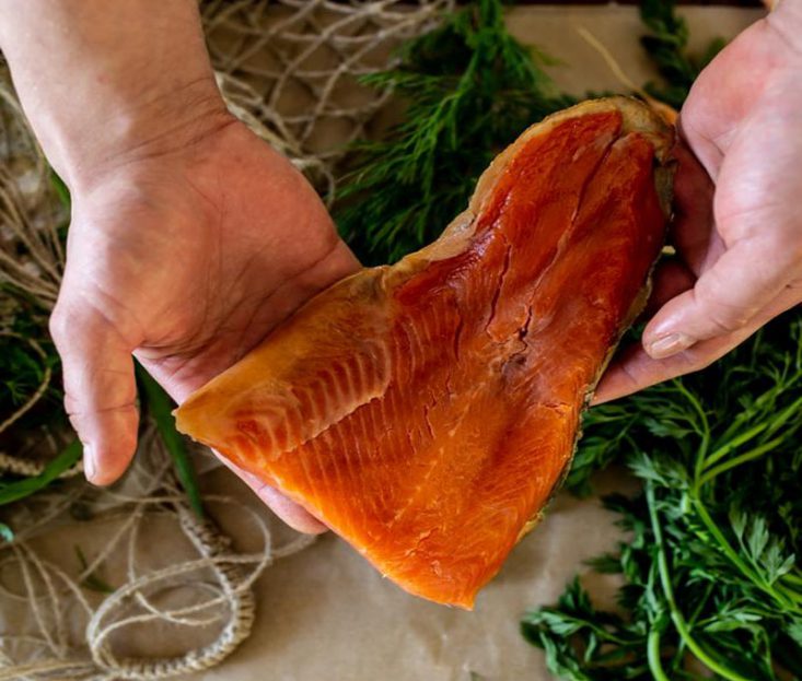 Cold-smoked trout fillet in a piece